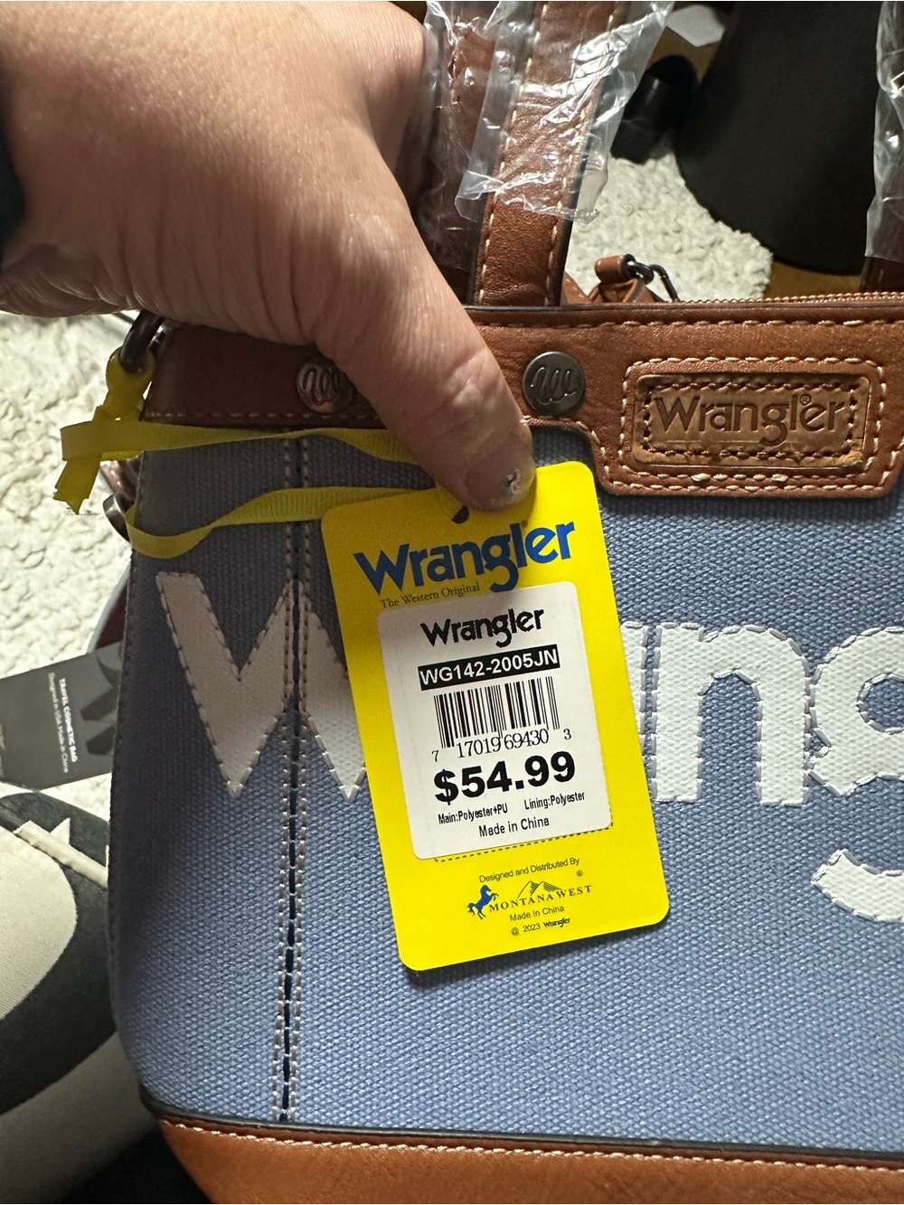 Wrangler Light Blue Canvas Mini Tote with Brown Trim and White Logo - Picture 2 of 10